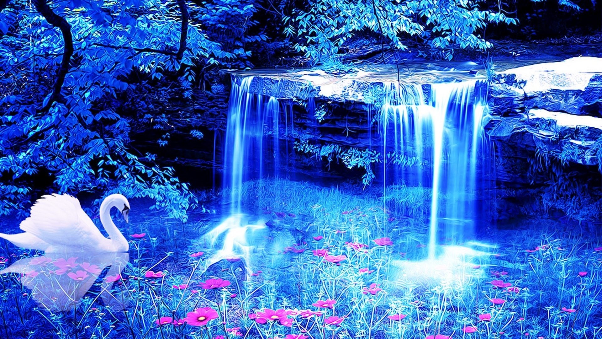 Обои цветы, водопад, лебедь, 3д, flowers, waterfall, swan, 3d разрешение 1920x1200 Загрузить