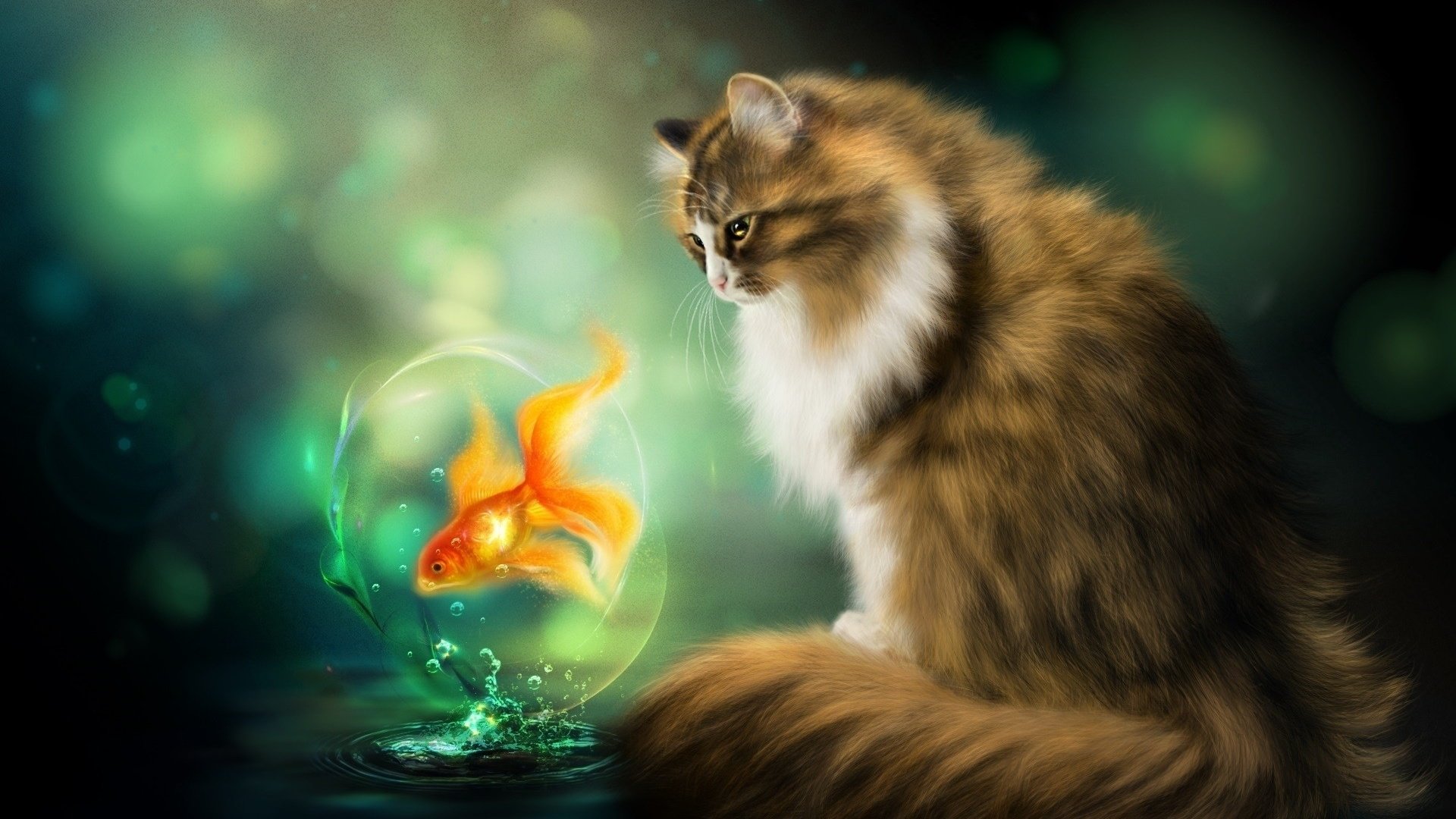 Обои кот, кошка, фотошоп, живопись, золотая рыбка, рыба, нelena, cat, photoshop, painting, goldfish, fish, gb разрешение 1920x1200 Загрузить