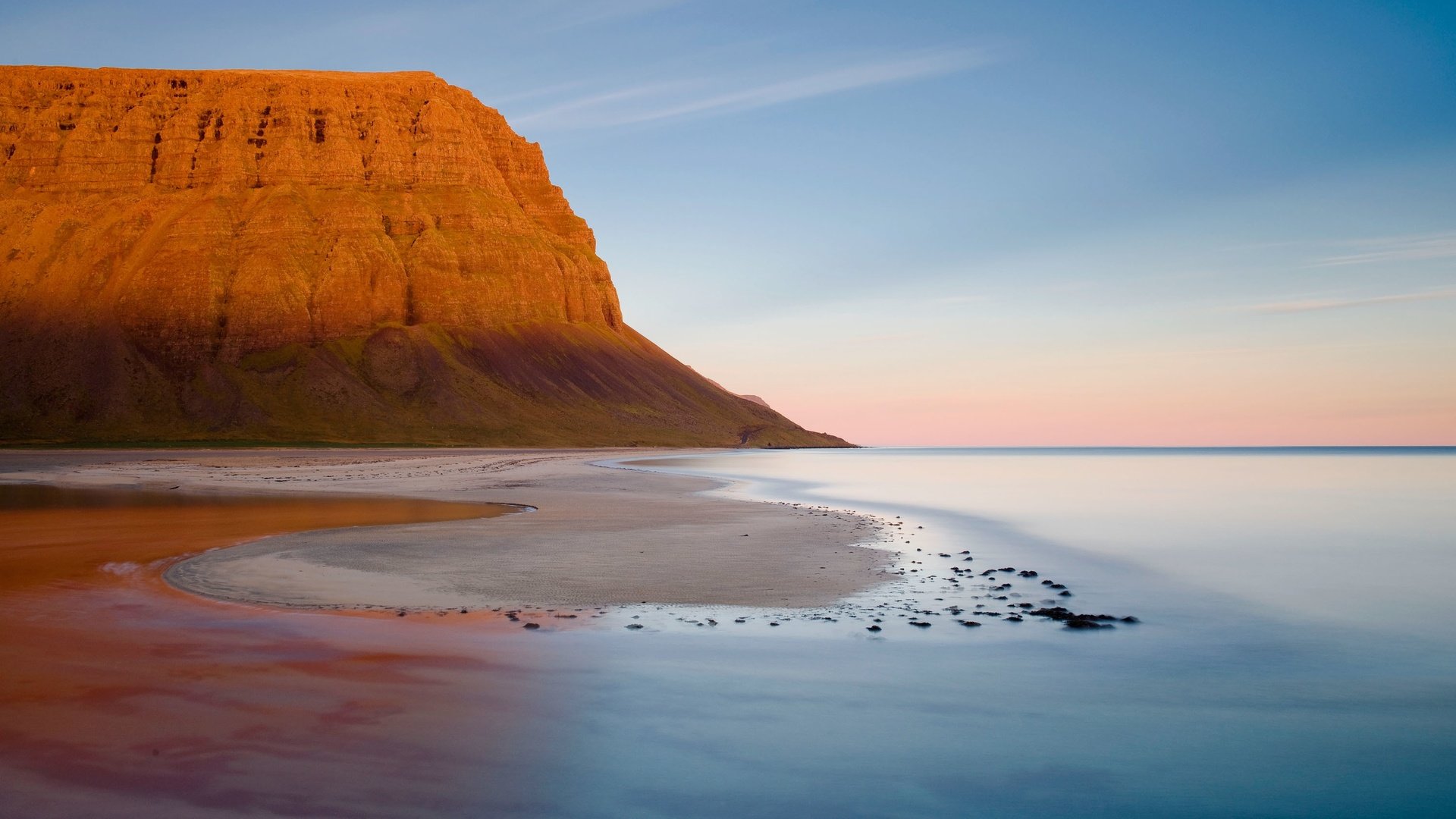 Обои небо, вода, скала, песок, пляж, горизонт, гора, the sky, water, rock, sand, beach, horizon, mountain разрешение 3000x1713 Загрузить