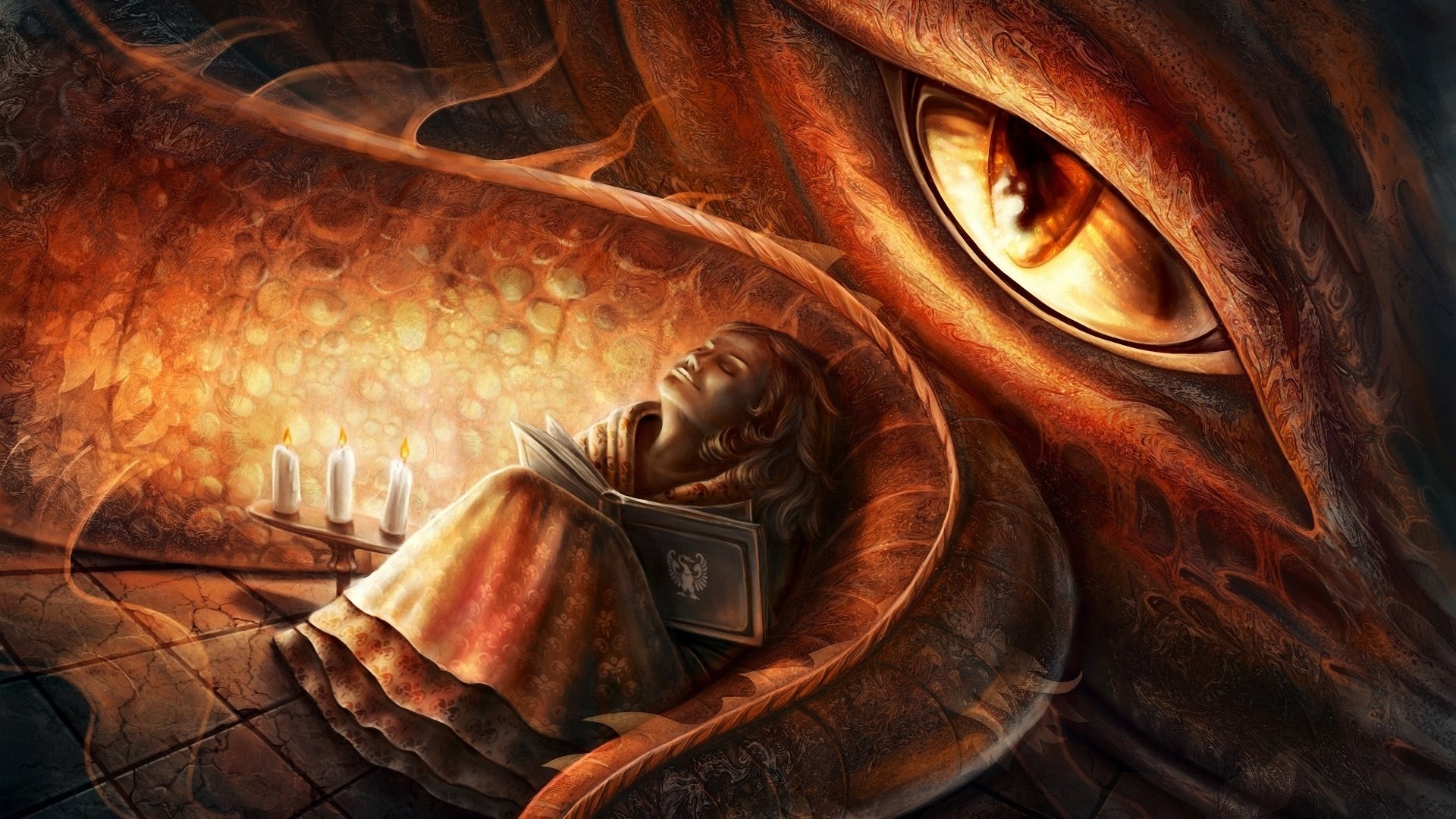 Обои свечи, фантастика, дракон, девочка, глаз, хвост, книга, elena mikhailava, candles, fiction, dragon, girl, eyes, tail, book разрешение 1920x1200 Загрузить