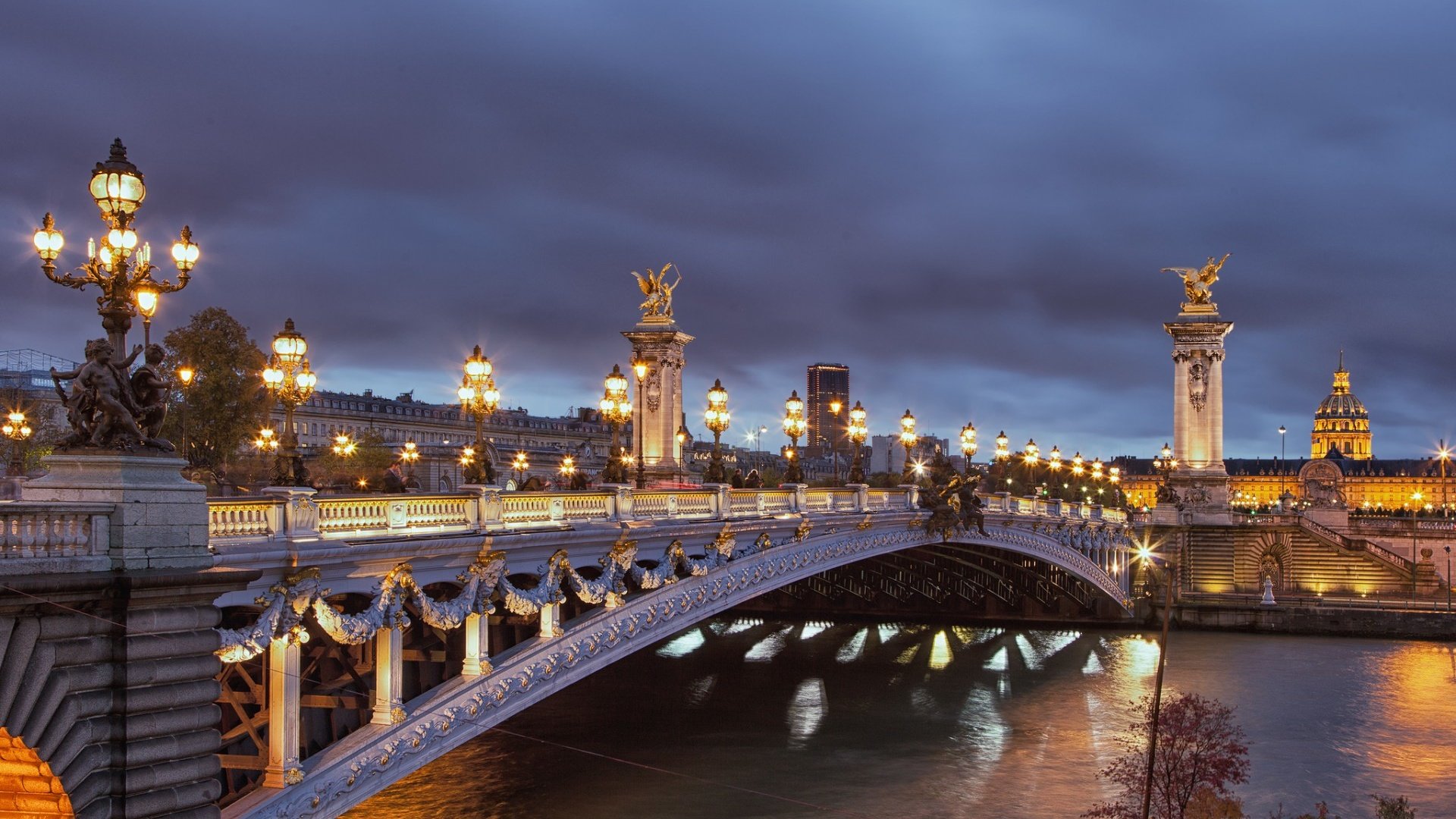 Обои ночь, огни, мост, город, париж, франция, night, lights, bridge, the city, paris, france разрешение 1920x1200 Загрузить