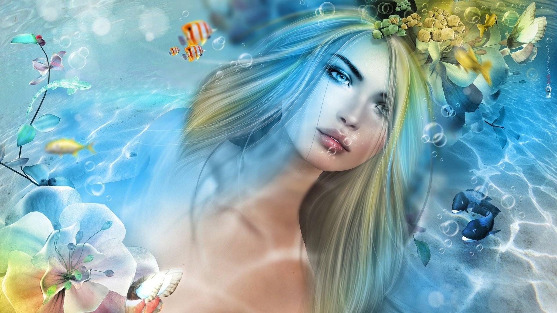 Обои вода, девушка, рыбки, русалка, water, girl, fish, mermaid разрешение 2048x1195 Загрузить