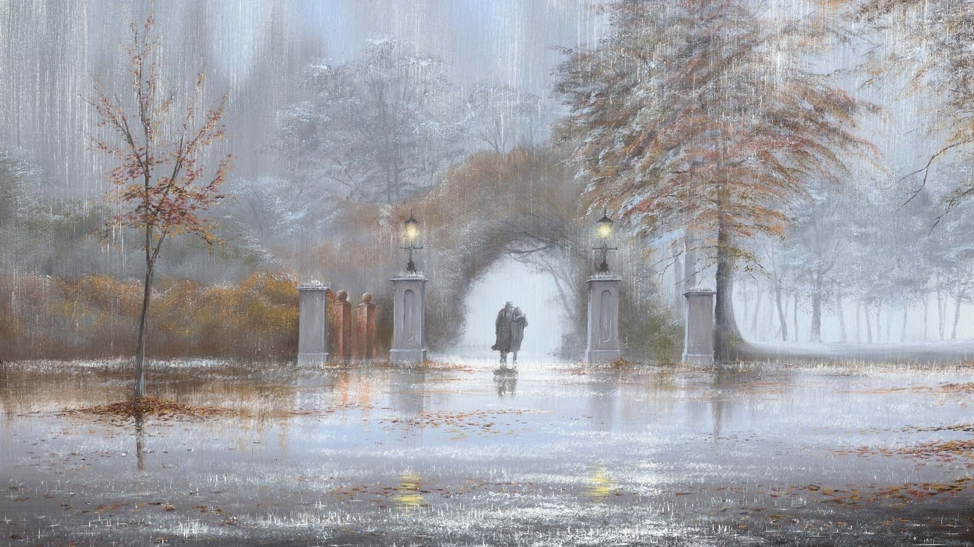 Обои картина, парк, осень, дождь, двое, jeff rowland, picture, park, autumn, rain, two разрешение 1920x1200 Загрузить