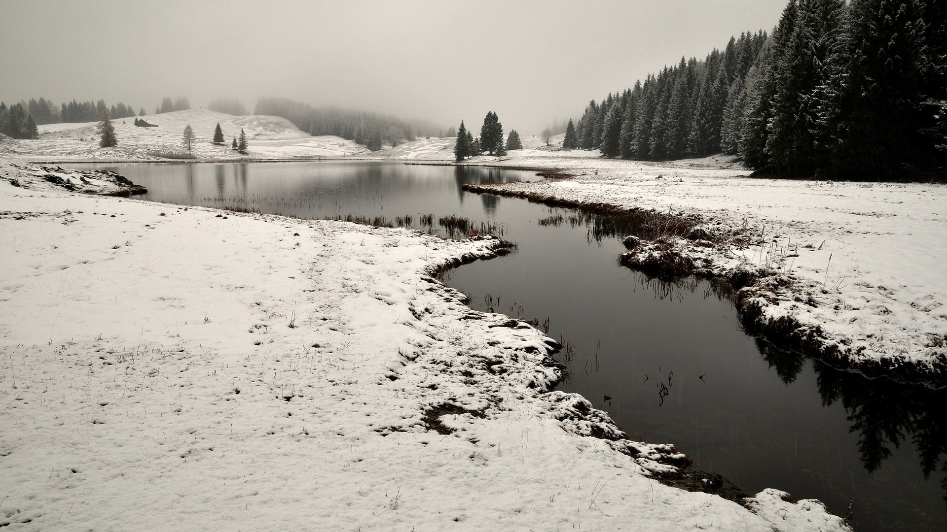 Обои небо, река, снег, природа, лес, зима,     деревья, the sky, river, snow, nature, forest, winter, trees разрешение 4287x2847 Загрузить