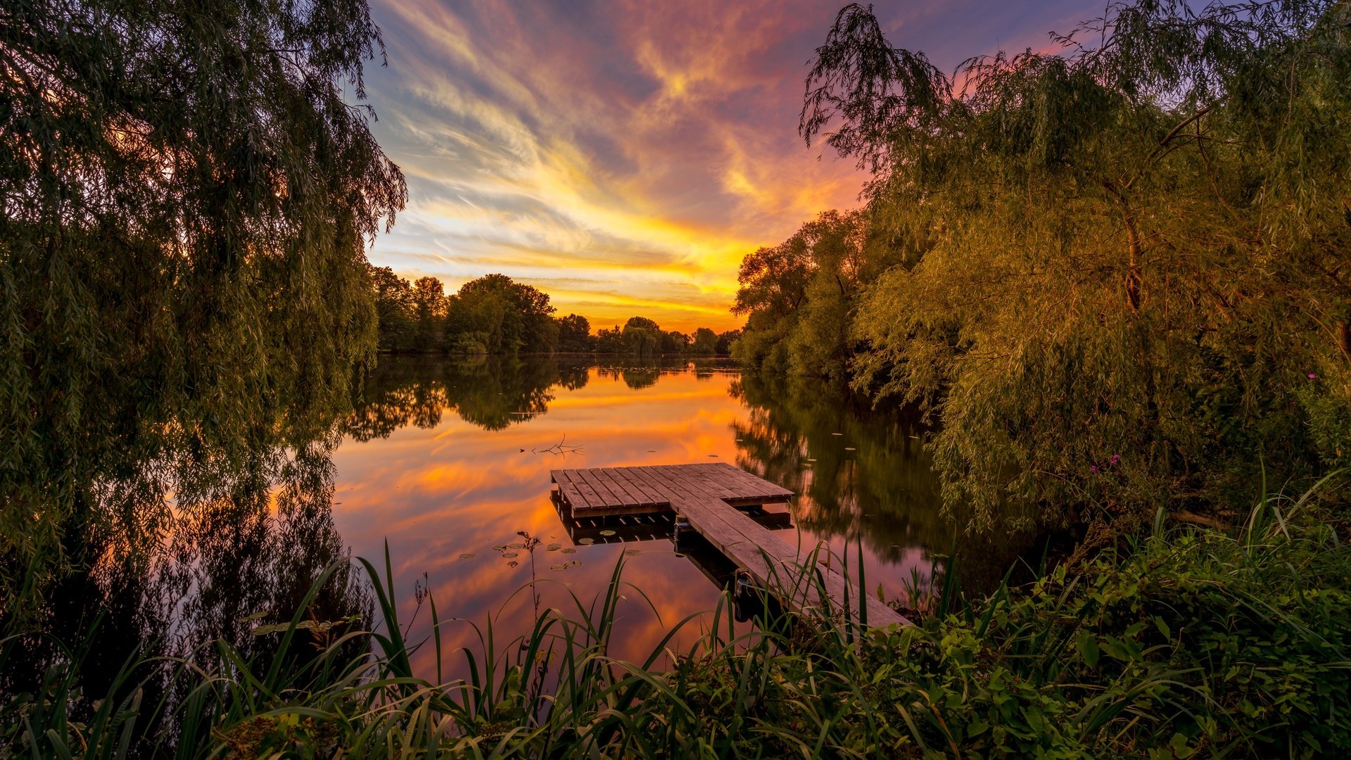 Обои деревья, озеро, закат, германия, мостки, trees, lake, sunset, germany, bridges разрешение 5038x3180 Загрузить