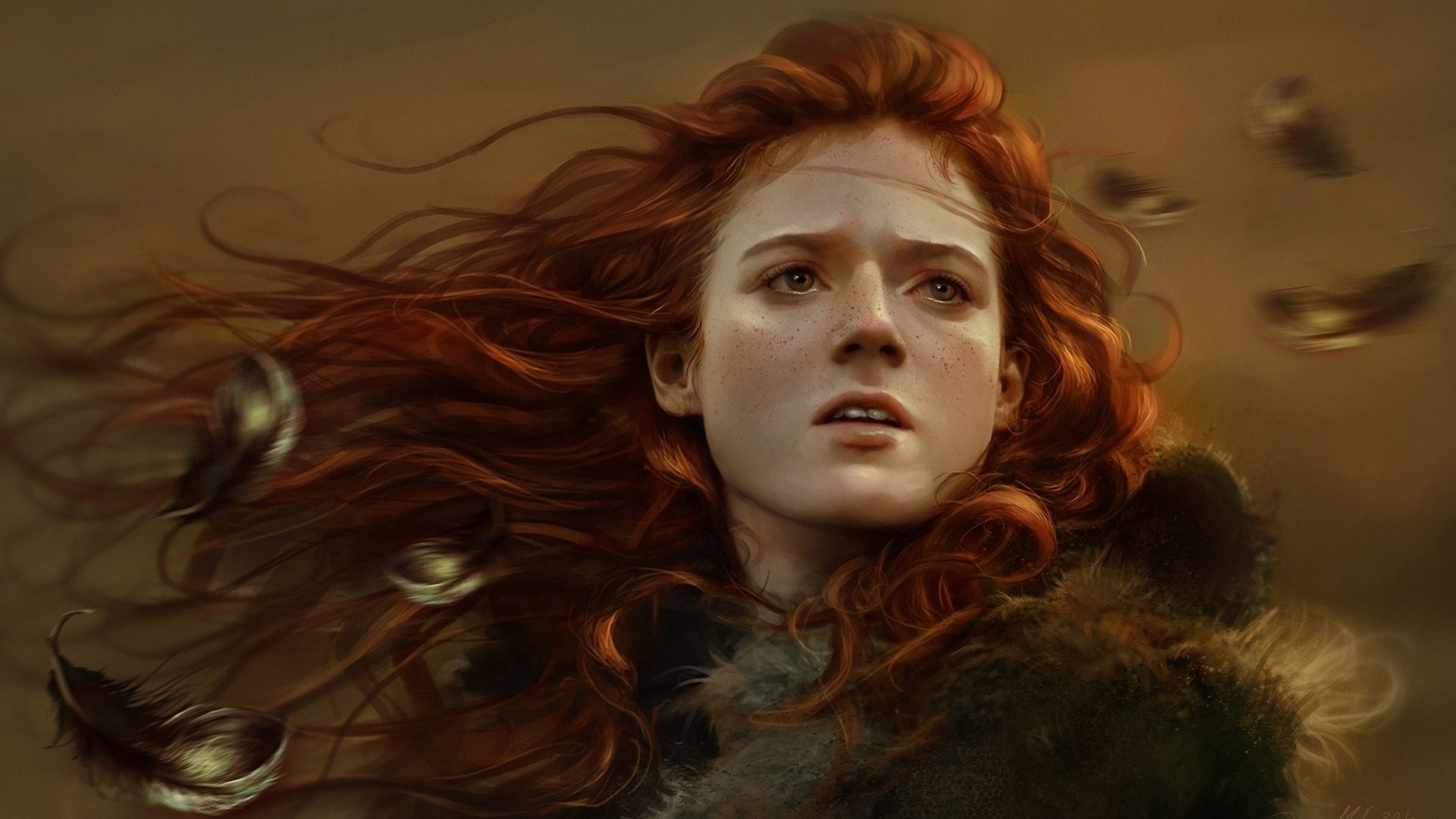 Обои арт, девушка, рыжая, лицо, перья, веснушки, игра престолов, ygritte, art, girl, red, face, feathers, freckles, game of thrones разрешение 1920x1186 Загрузить