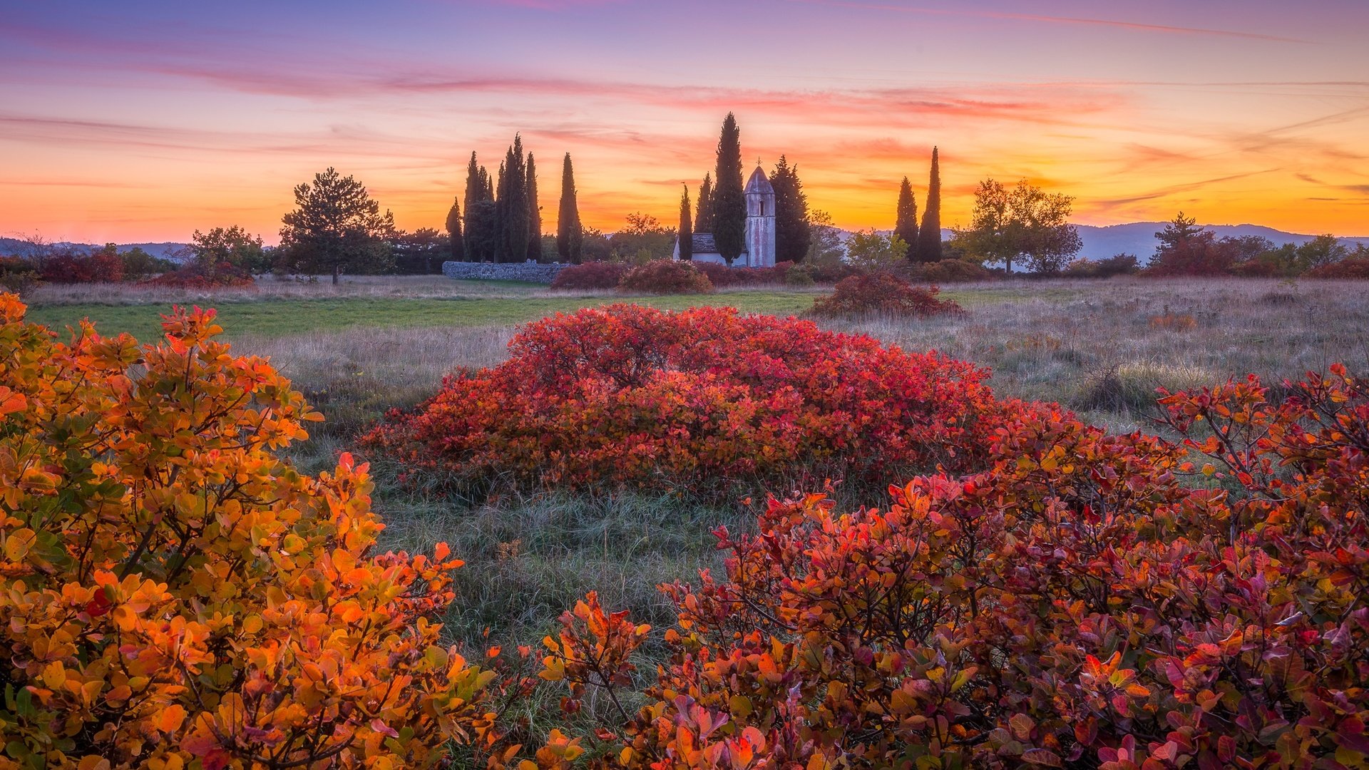 Обои природа, закат, пейзаж, кусты, осень, церковь, словения, nature, sunset, landscape, the bushes, autumn, church, slovenia разрешение 2048x1367 Загрузить