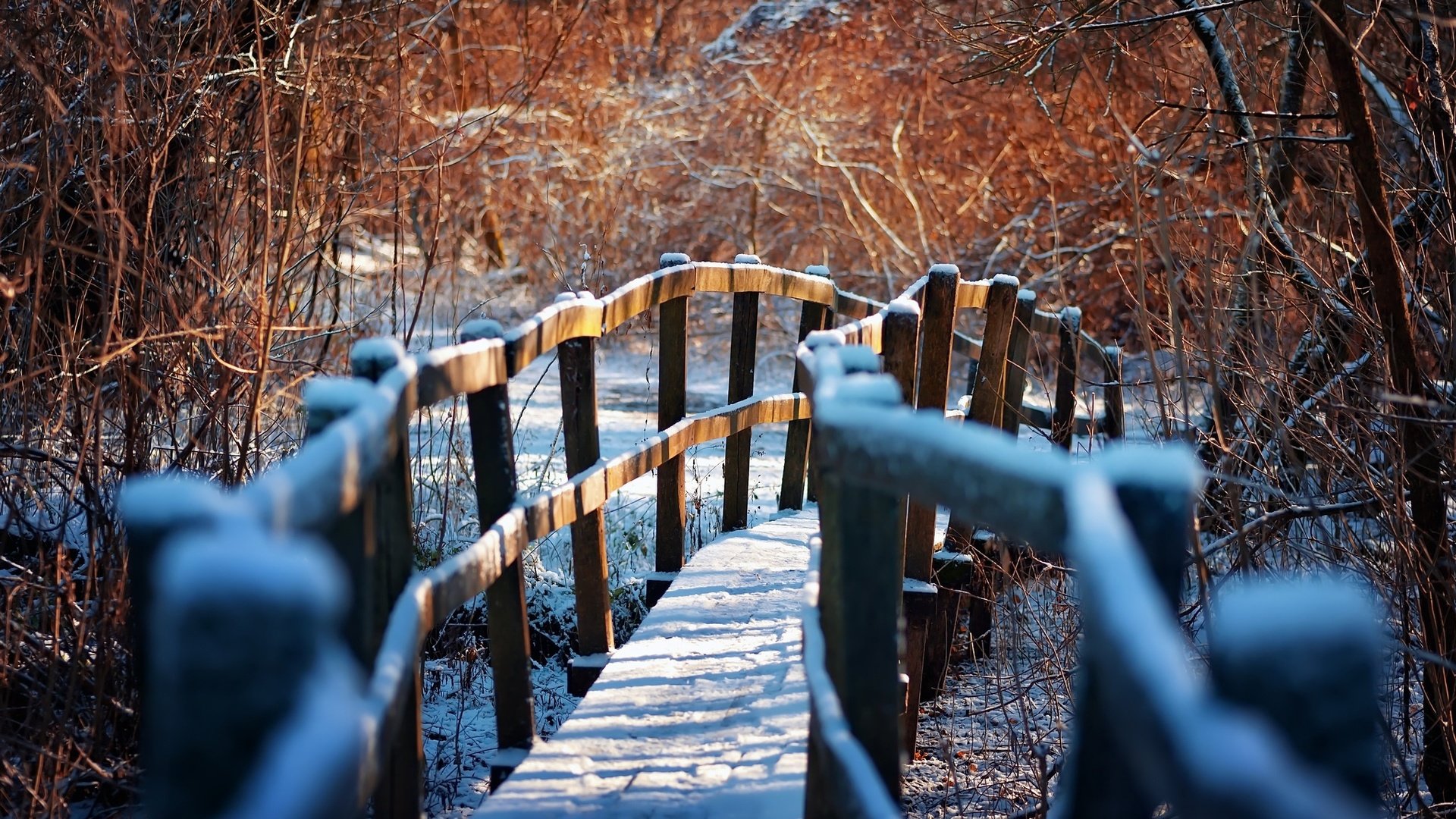 Обои зима, тропа, деревянный мост, winter, trail, wooden bridge разрешение 2048x1363 Загрузить