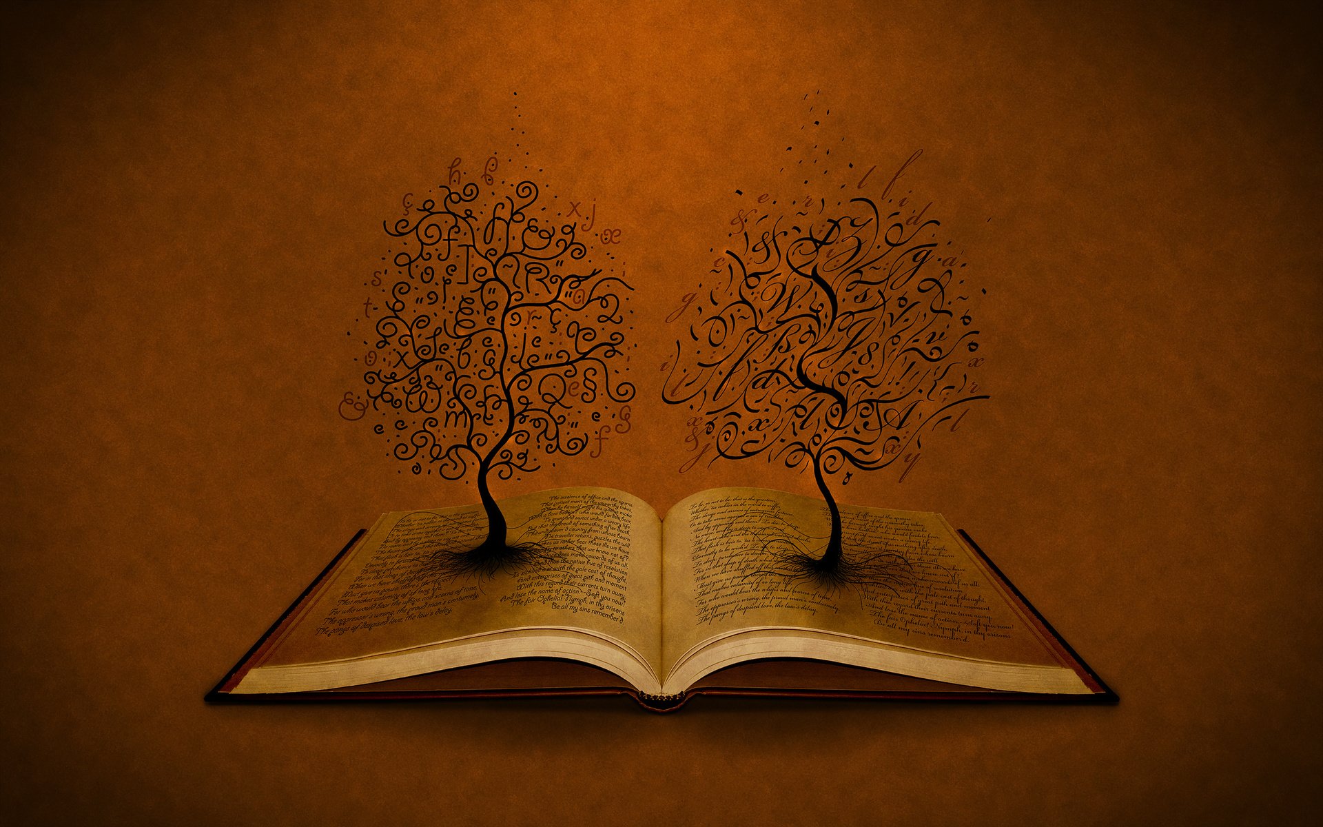 Обои деревья, буквы, книга, trees, letters, book разрешение 2560x1600 Загрузить