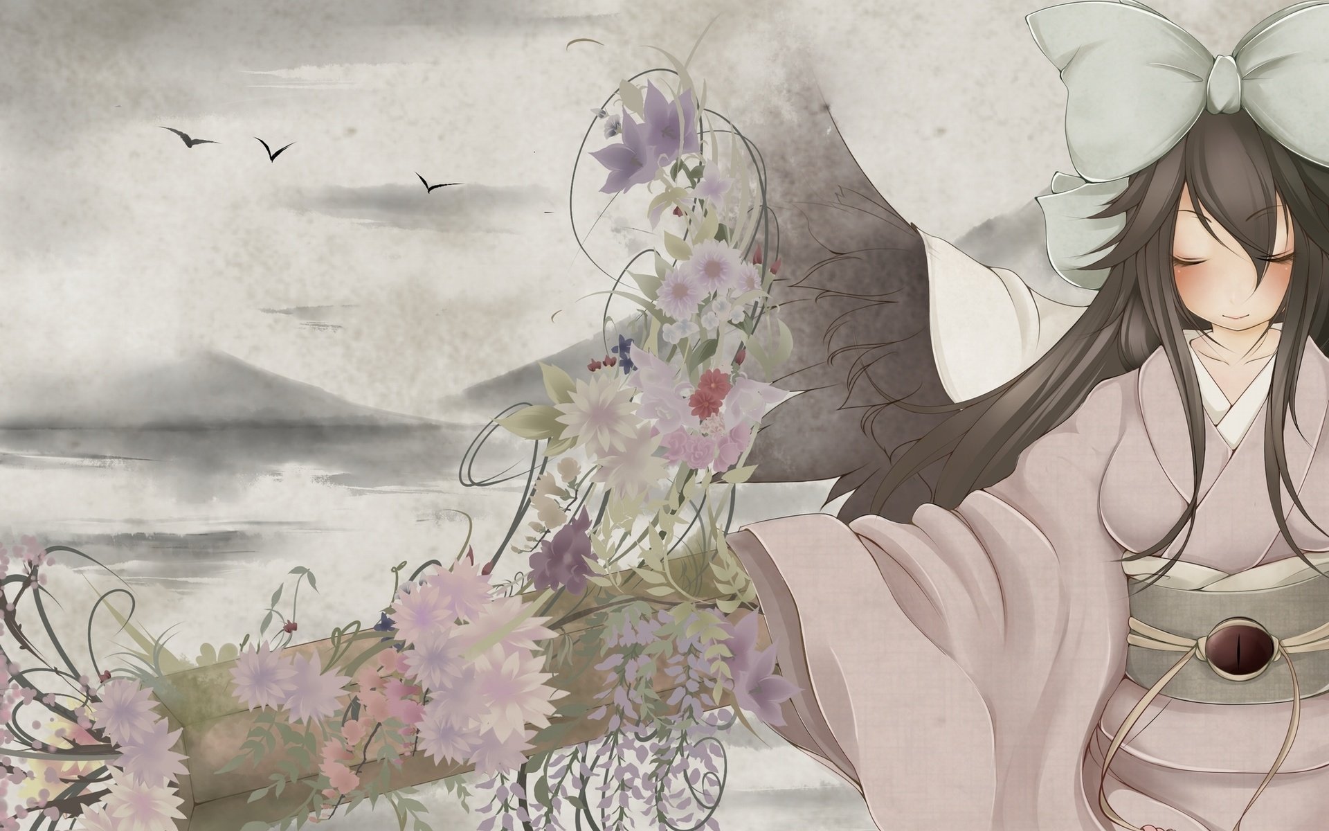 Обои небо, цветы, кимоно, reiuji utsuho, бант, the sky, flowers, kimono, bow разрешение 2000x1271 Загрузить