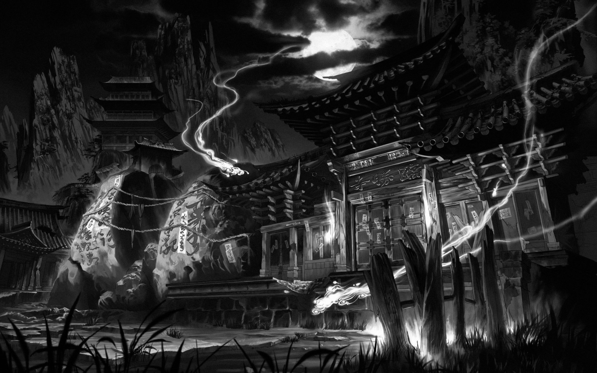 Обои ночь, храм, черно-белая, дом, темнота, магия, духи, night, temple, black and white, house, darkness, magic, perfume разрешение 2560x1600 Загрузить