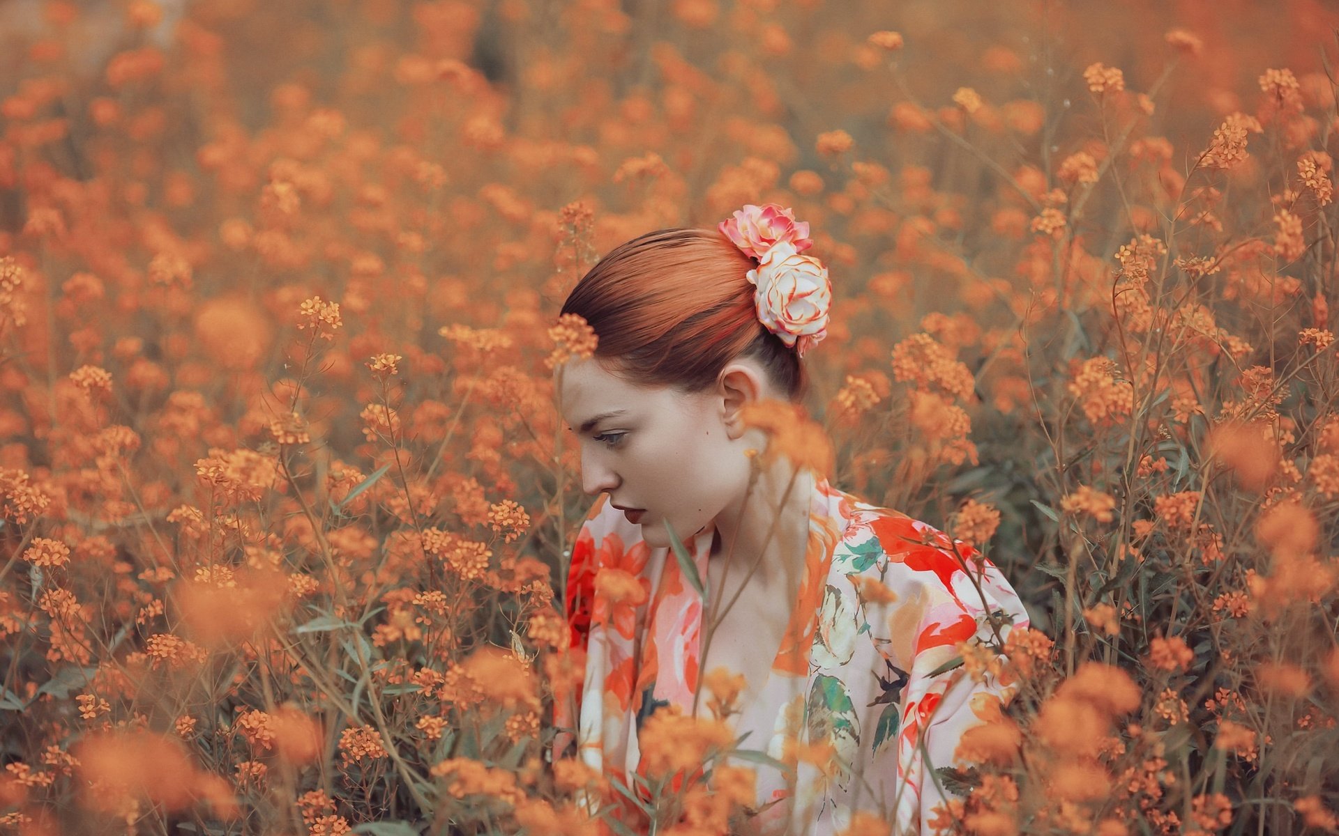 Обои цветы, природа, девушка, профиль, рыжеволосая, flowers, nature, girl, profile, redhead разрешение 2048x1365 Загрузить