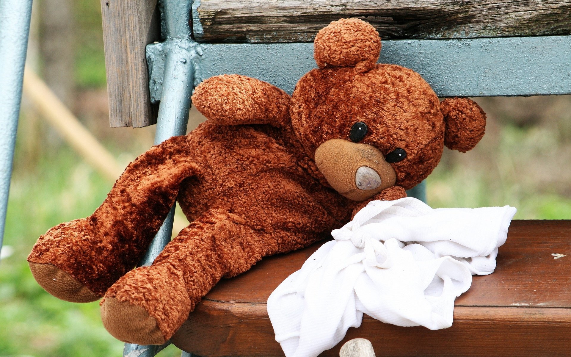 Обои медведь, игрушка, скамейка, плюшевый мишка, bear, toy, bench, teddy bear разрешение 2816x1880 Загрузить