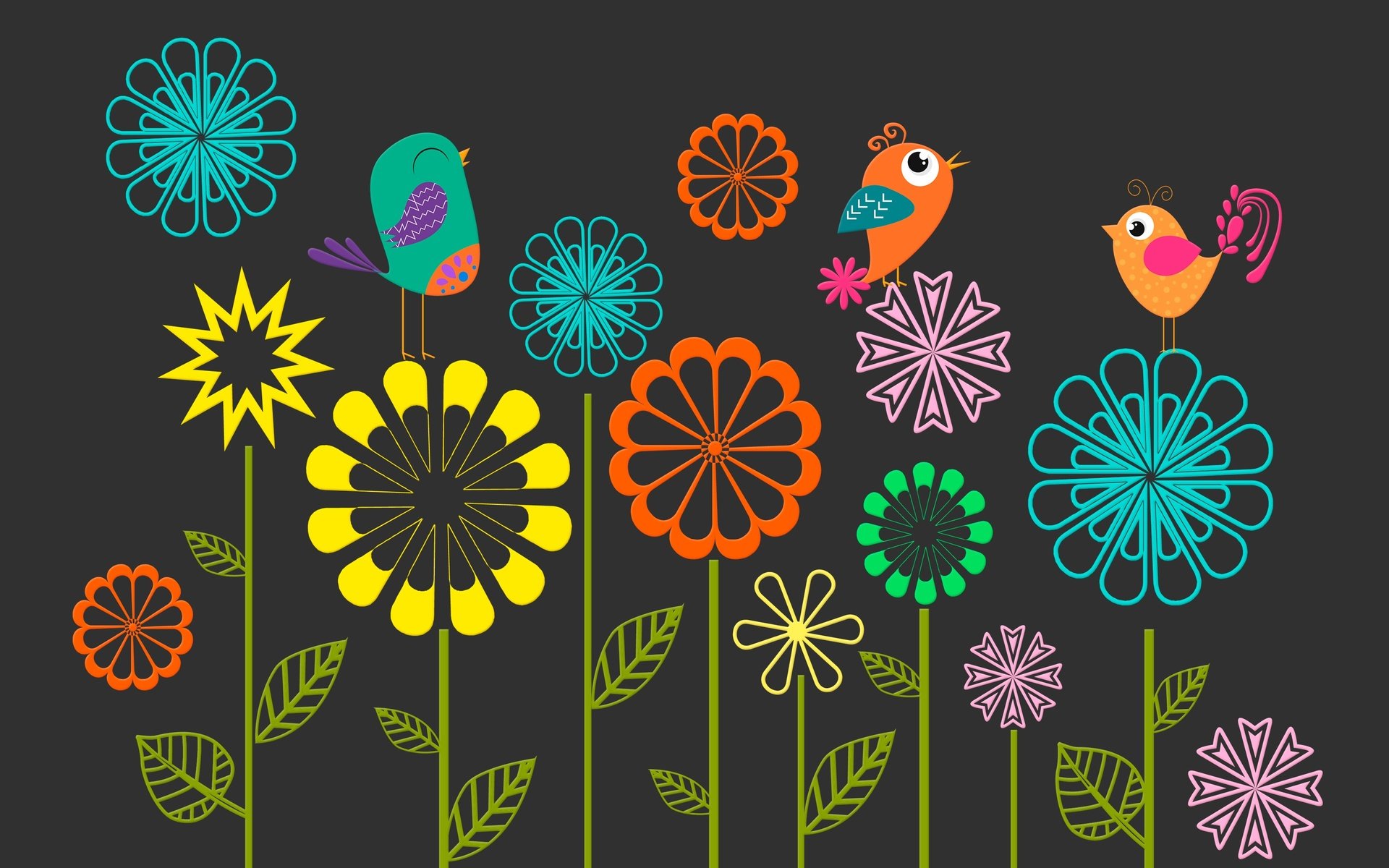 Обои цветы, вектор, птицы, весна, черный фон, flowers, vector, birds, spring, black background разрешение 3000x2000 Загрузить