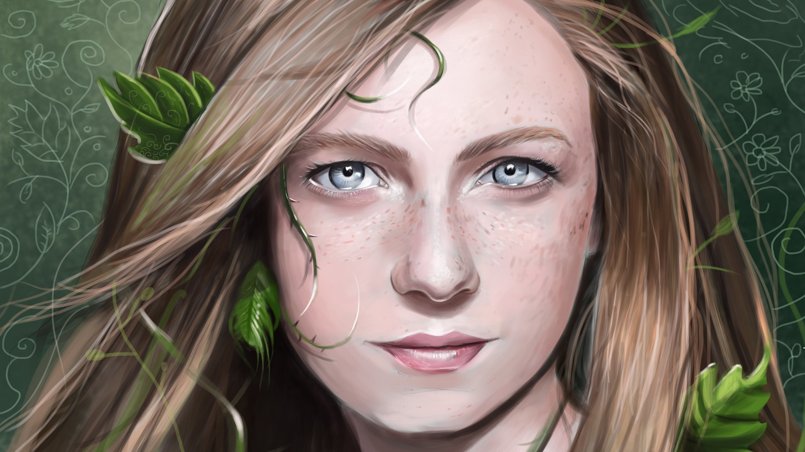 Обои арт, листья, девушка, взгляд, растение, веснушки, art, leaves, girl, look, plant, freckles разрешение 7135x5403 Загрузить