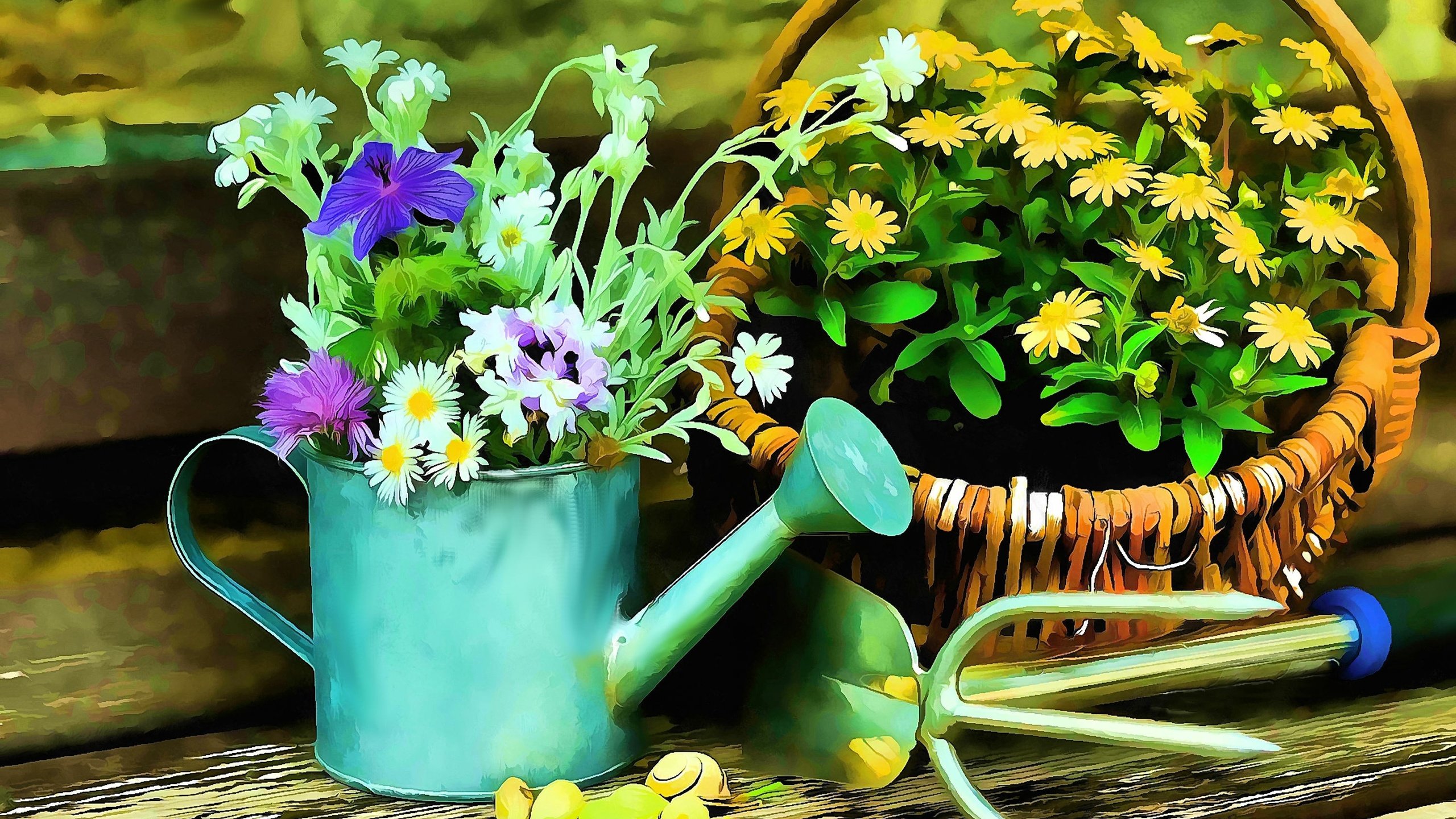 Обои цветы, корзина, натюрморт, лейка, flowers, basket, still life, lake разрешение 3002x2096 Загрузить