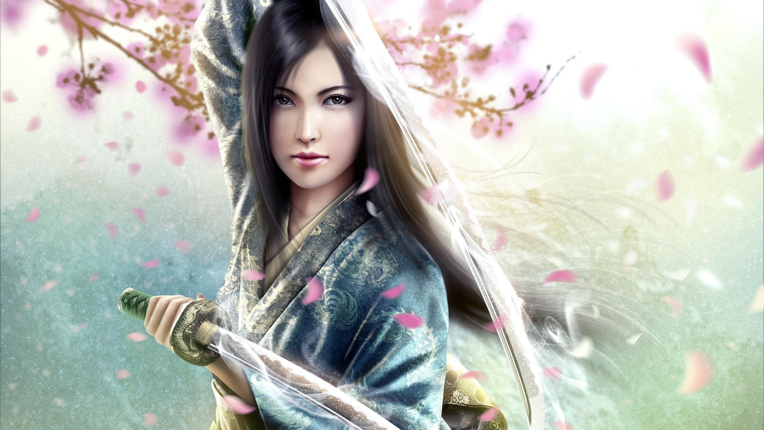 Обои арт, девушка, меч, аниме, сакура, самурай, art, girl, sword, anime, sakura, samurai разрешение 2560x1600 Загрузить