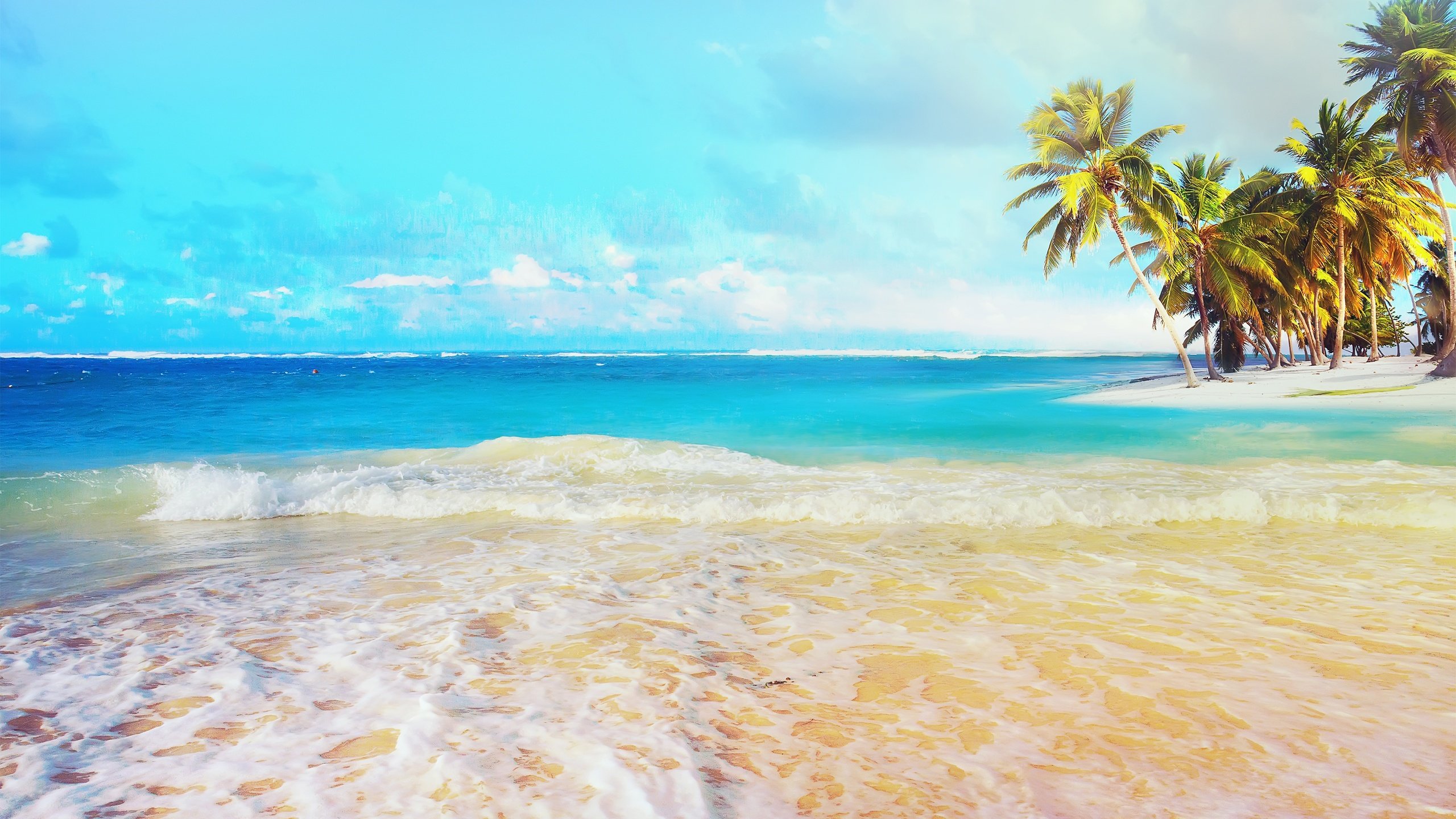 море пляж пальмы волны