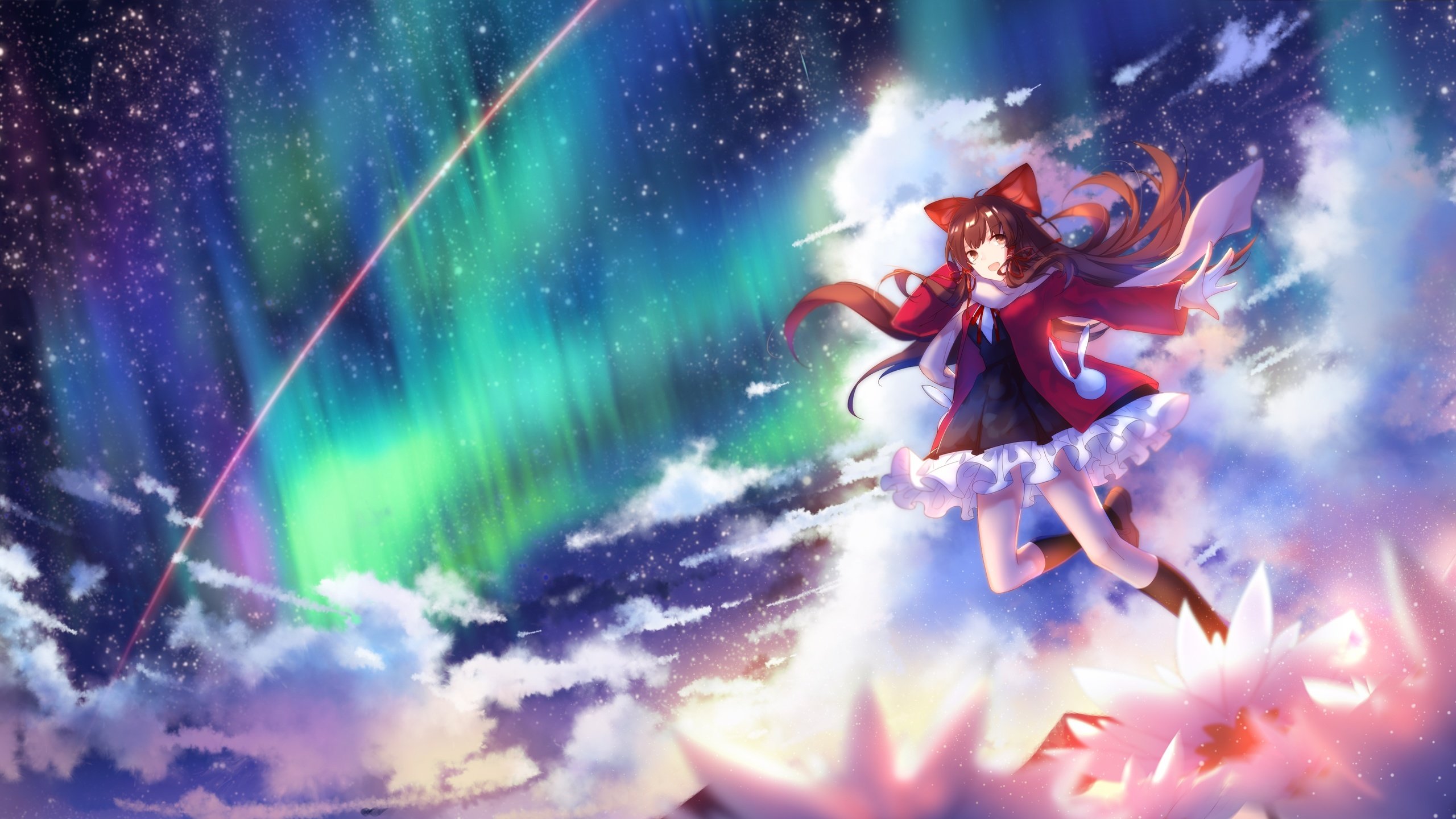 Обои облака, ленточки, неба, аврора, hakurei reimu, улыбается, тохо, clouds, ribbons, sky, aurora, smiling, touhou разрешение 4724x2362 Загрузить