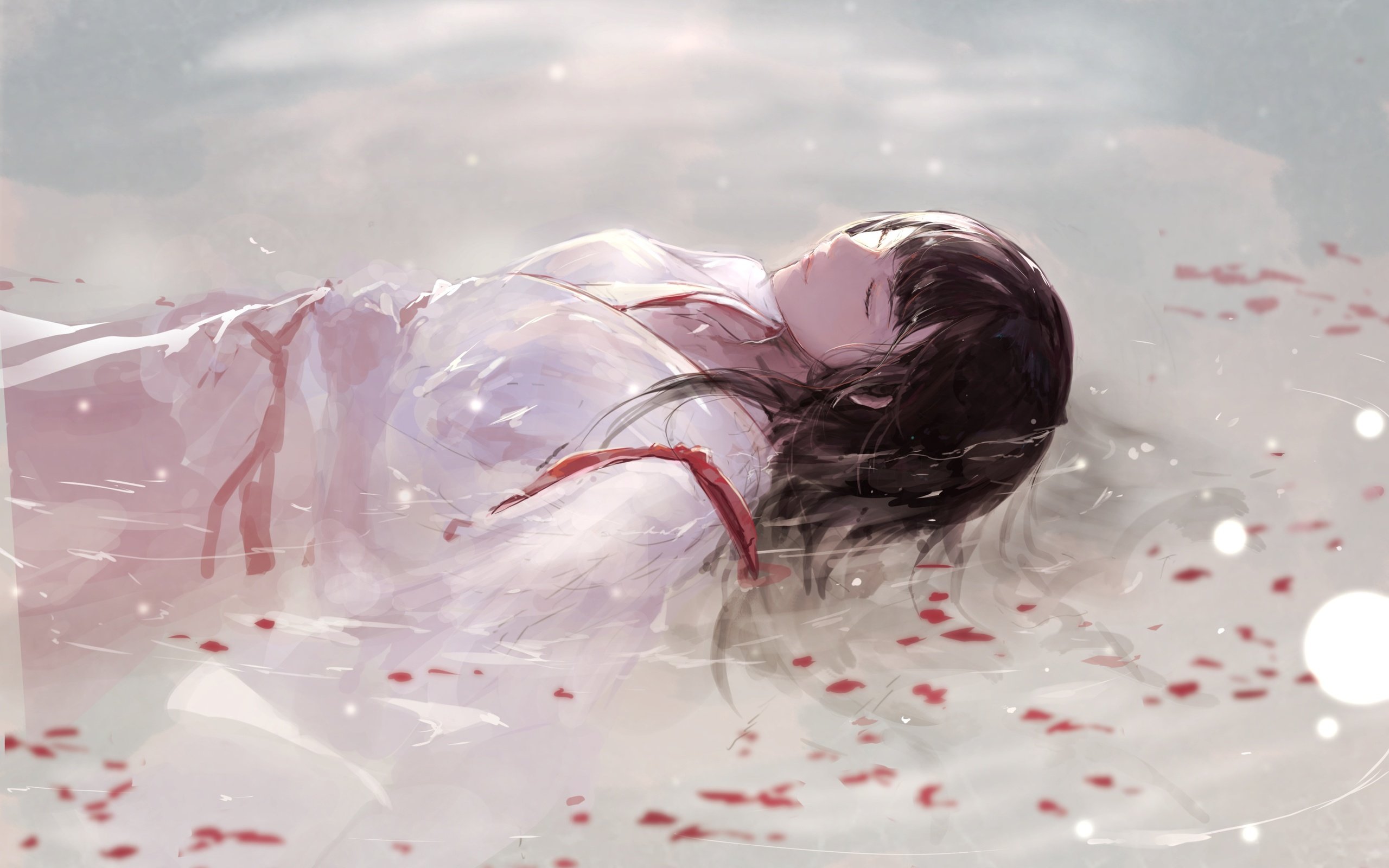 Обои вода, девушка, лепестки, сон, кимоно, akagi, традиционная одежда, water, girl, petals, sleep, kimono, traditional clothing разрешение 2865x2026 Загрузить