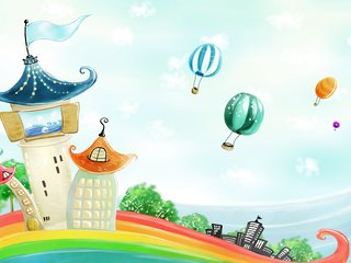 Обои домики, радуга, воздушные шары, houses, rainbow, balloons разрешение 1920x1200 Загрузить
