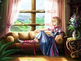 Обои цветы, птицы, отдыхает, окно, диван, alice margatroid, flowers, birds, resting, window, sofa разрешение 2338x1700 Загрузить