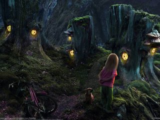 Обои девочка, собачка, сказочный лес, домики пни, girl, dog, fairy forest, houses stumps разрешение 1920x1200 Загрузить