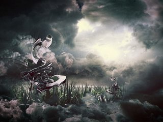 Обои небо, трава, тучи, водоем, абстракная фигура, the sky, grass, clouds, pond, abstraktnaya figure разрешение 1920x1200 Загрузить