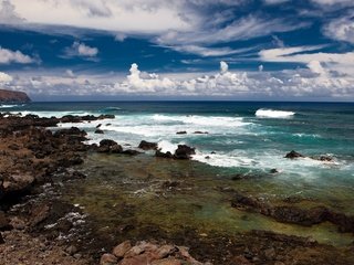 Обои небо, облака, берег, волны, море, лето, the sky, clouds, shore, wave, sea, summer разрешение 1920x1200 Загрузить