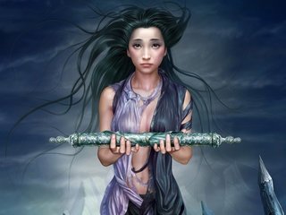 Обои арт, горы, девушка, волосы, ветер, жезл, tang yuehui, art, mountains, girl, hair, the wind, rod разрешение 1920x1200 Загрузить