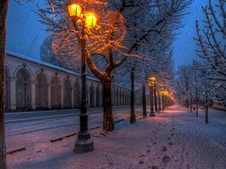 Обои свет, улица, дорога, road. природа, деревья, фонари, снег, природа, зима, парк, light, street, road, road. nature, trees, lights, snow, nature, winter, park разрешение 1920x1200 Загрузить