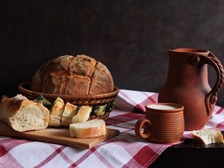 Обои кружка, хлеб, багет, молоко, кувшин, выпечка, натюрморт, mug, bread, baguette, milk, pitcher, cakes, still life разрешение 1920x1288 Загрузить