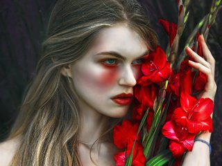 Обои арт, девушка, фантазия, agnieszka lorek, tears and gladiolus, magda, красные цветы, art, girl, fantasy, red flowers разрешение 2048x1732 Загрузить