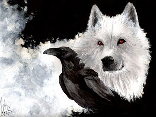 Обои призрак, арт, игра престолов, снег, взгляд, белый, клюв, ворон, живопись, волк, ghost, art, game of thrones, snow, look, white, beak, raven, painting, wolf разрешение 2202x1600 Загрузить