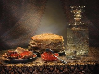 Обои водка, икра, блины, графин, vodka, caviar, pancakes, decanter разрешение 1920x1253 Загрузить