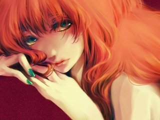 Обои арт, взгляд, апельсин, megurine luka, зеленые глаза, рыжие волосы, art, look, orange, green eyes, red hair разрешение 1920x1080 Загрузить