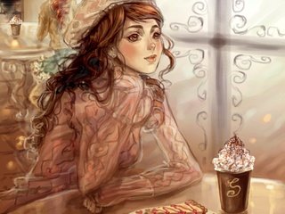 Обои арт, девушка, кафе, взгляд, окно, длинные волосы, пирожное, sillselly, art, girl, cafe, look, window, long hair, cake разрешение 2044x1857 Загрузить