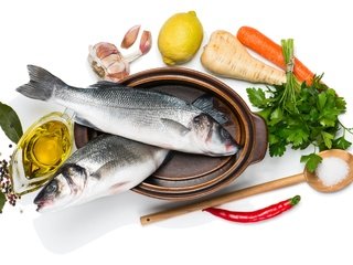 Обои зелень, лимон, овощи, рыба, специи, greens, lemon, vegetables, fish, spices разрешение 3400x2140 Загрузить