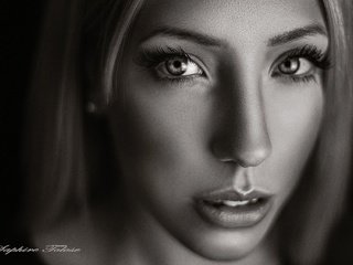 Обои девушка, портрет, взгляд, чёрно-белое, волосы, лицо, girl, portrait, look, black and white, hair, face разрешение 2048x1366 Загрузить