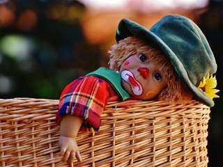 Обои цветок, игрушка, кукла, игра, корзина, клоун, слеза, flower, toy, doll, the game, basket, clown, tear разрешение 5894x3834 Загрузить