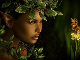 Обои девушка, листва, фея, лицо, эльфийка, сказка, girl, foliage, fairy, face, elf, tale разрешение 4000x2119 Загрузить