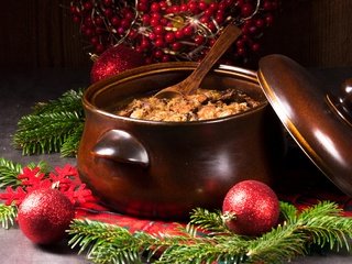 Обои новый год, елка, шары, грибы, шарики, мясо, декор, new year, tree, balls, mushrooms, meat, decor разрешение 4600x3440 Загрузить