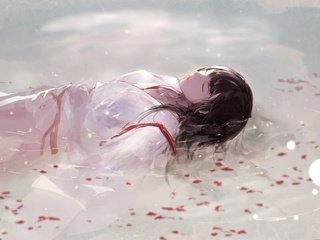 Обои вода, девушка, лепестки, сон, кимоно, akagi, традиционная одежда, water, girl, petals, sleep, kimono, traditional clothing разрешение 2865x2026 Загрузить