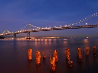 Обои ночь, огни, вода, панорама, мост, сан-франциско, bay bridge, бэй бридж, night, lights, water, panorama, bridge, san francisco разрешение 1920x1200 Загрузить