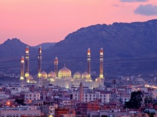 Обои закат, город, мечеть, сана, йемен, мечеть аль-салех, sunset, the city, mosque, sana, yemen, the al-saleh mosque разрешение 2560x1600 Загрузить