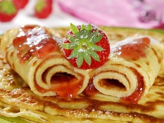 Обои клубника, ягоды, блинчики, блины, клубничный джем, strawberry, berries, pancakes, strawberry jam разрешение 1920x1080 Загрузить