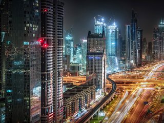 Обои ночь, огни, город, небоскребы, улица, дубай, оаэ, night, lights, the city, skyscrapers, street, dubai, uae разрешение 2048x1286 Загрузить