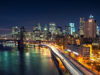 Обои ночь, мост, город, сша, нью-йорк, здания, манхэттен, бруклинский мост, night, bridge, the city, usa, new york, building, manhattan, brooklyn bridge разрешение 2560x1080 Загрузить