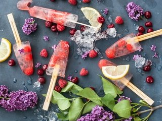 Обои малина, мороженое, лёд, лимон, вишня, сирень, фруктовый лед, raspberry, ice cream, ice, lemon, cherry, lilac, fruit ice разрешение 2800x1839 Загрузить