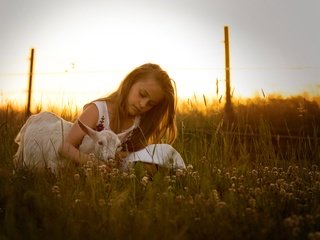 Обои клевер, девочка, луг, друзья, козленок, козочка, clover, girl, meadow, friends, goat разрешение 4500x3000 Загрузить